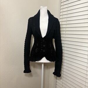 Lauren Ralph Lauren Cotton Black Lace Knit Cardigan Button Up Ruffle Trim Sz M